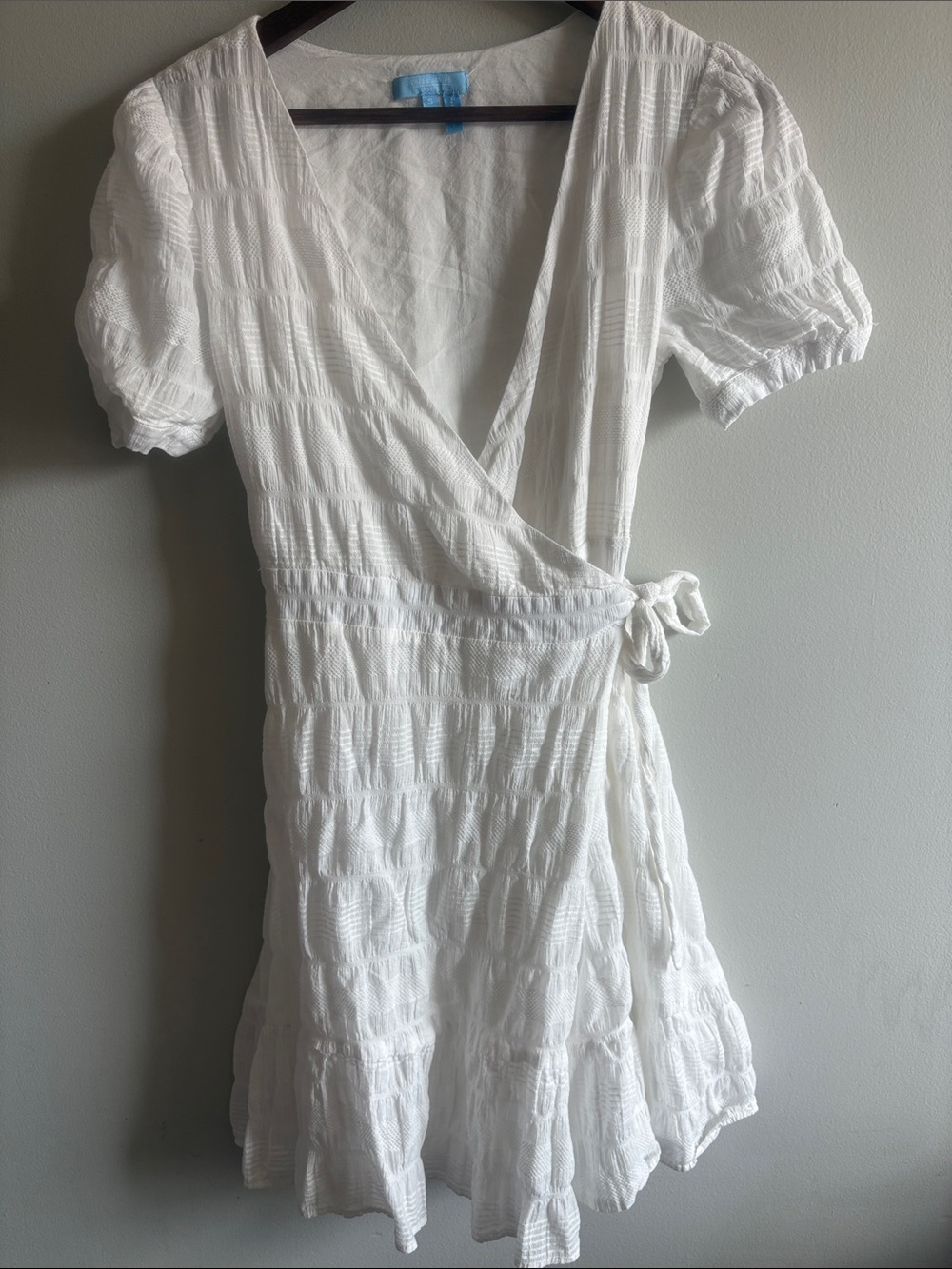 Draper James RSVP White Textured Wrap Mini Dress Puff Sleeve S